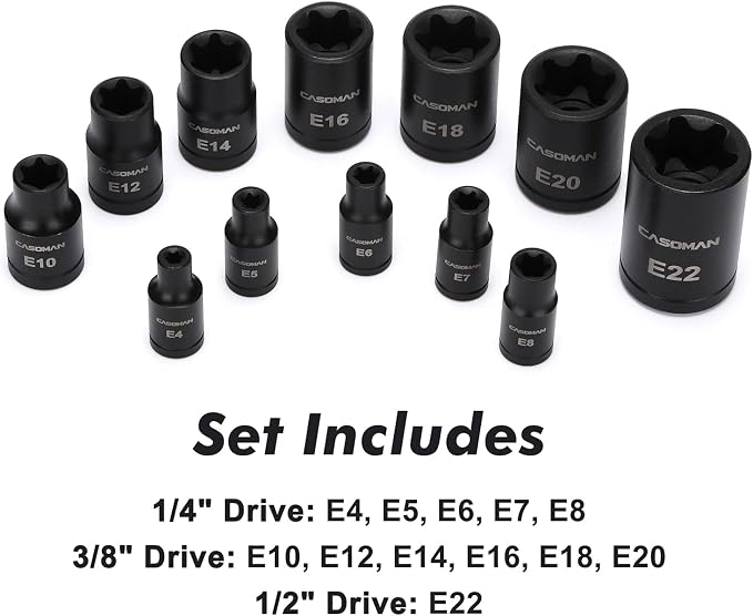 CASOMAN 25 Piece Torx Bit Socket and External Socket Set, 13 Star Socket Bits (T8- T60)& 12 Female E-Torx Sockets (E4-E22)
