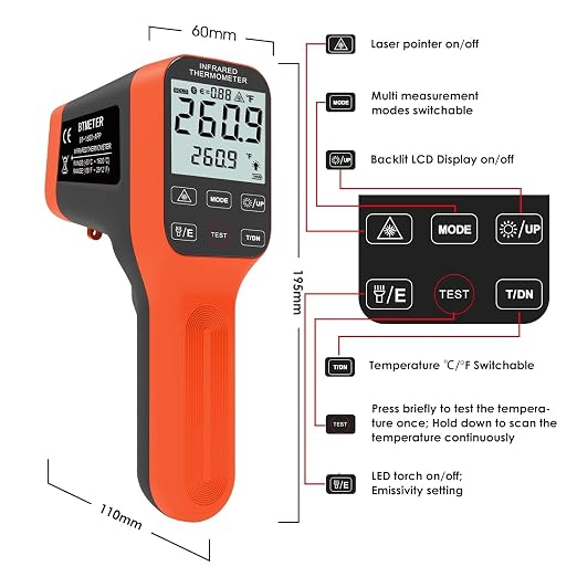 Digital Infrared Thermometer Gun 30:1, BTMETER Dual Laser IR Temperature Gauge BT-1600APP Measure High Temp -58℉ to 2912℉ with Data Logging for HVAC Kiln Forge Oven Pizza Cooking(Not for Human)