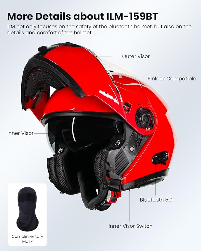ILM 159BT Bluetooth Modular Motorcycle Helmet 2-3 Riders Intercom Full Face Flip up Casco DOT with Face Mask (Red, M)
