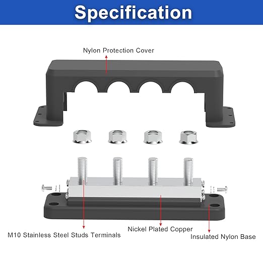 600A Bus Bar 12V Power Distribution Block with 3/8" (M10) 4-Posts Heavy Duty Terminals Block with Cover for Automotive, Marine, Battery System (Black)