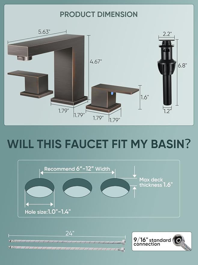 Cobbe Bathroom Faucets for Sink 3 Hole, Oil Rubbed Bronze Bathroom Sink Faucet Square 8 inch Widespread with Pop-Up Drain, 2 Handle and Supply Hoses, Lead-Free Stainless Steel for Vanity Rv, Farmhouse