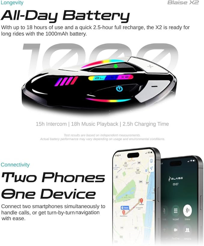 Blaise X2 Motorcycle Intercom 2 Rider Helmet Communication System Motorcycle Helmet Bluetooth Headset Music Sharing Voice Control IP66 Waterproof 15 Lighting Models (Single Pack-Blue Green)