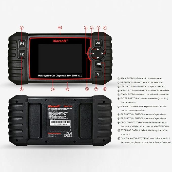 iCarsoft Obd2 Scanner, Code Reader Car Diagnostic Tool BMM V2.0 for BMW/Mini, with Oil Service Reset, EPB, BMS, DPF, SAS, ETC, OBD II, Updated Version of i910-II