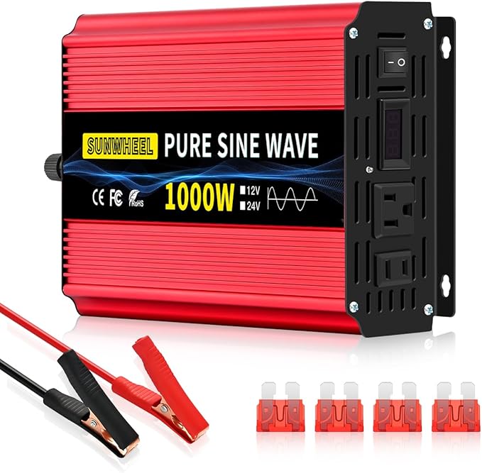 SUNWHEEL 1000W Pure Sine Wave Inverter, 12V DC to 110V/120V AC Power Inverter for RV、Off Grid、Truck with 2 AC outlets and LCD Display
