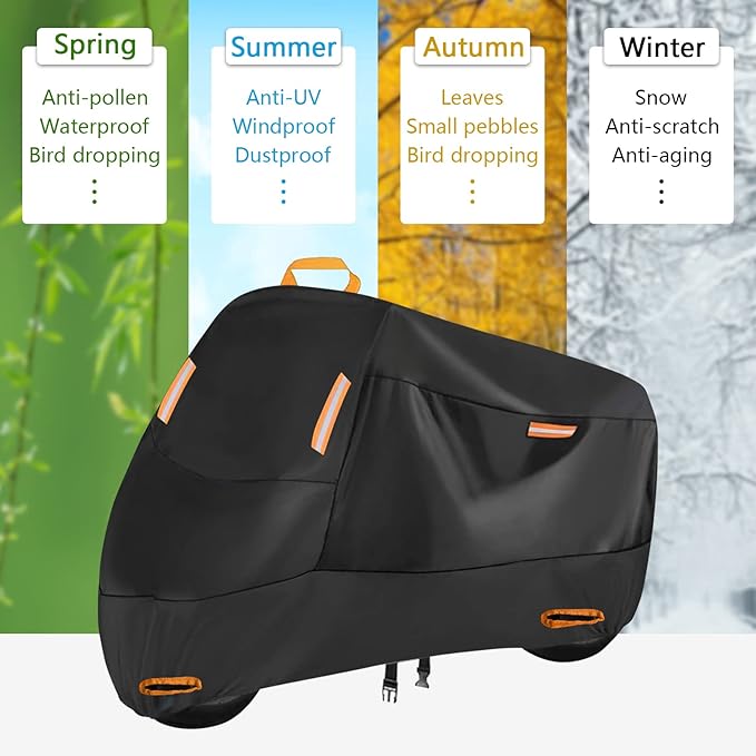 300D Heavy Duty Motorcycle Cover, SECELES All Season Durable Waterproof Outdoor Protection Scooter Cover 4 Reflective Tape Lock-Holes fits up to 86" Yamaha Honda Suzuki (XXL: 86" x 37" x 50")