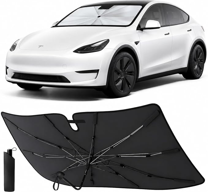 Econour Tesla Model 3/Y Windshield Sun Shade Fit for Tesla 3/Y (2017-2026), Car Window Shade for Front Windshield, Sun Blocker Visor Extender | Heat Protection Front Window Cover 57"x33.5"