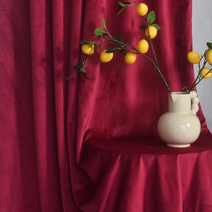 Roslynwood Luxury Soft Rose Red Velvet Curtains 96 inches Long Back Tab Thermal Insulated Blackout Window Drapes for Living Room/Bedroom/Dining Room, W52 x L96, 2 Panels