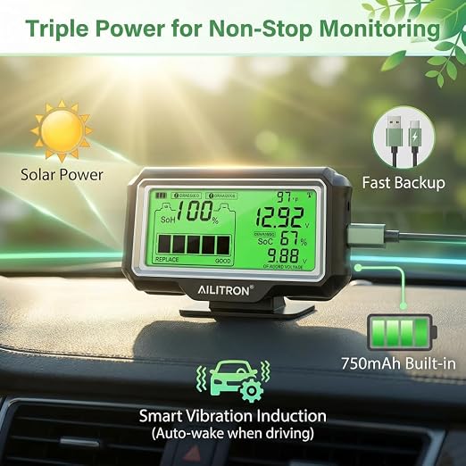 12V Battery Tester Wireless Battery Monitor 433MHz Wireless Battery Tester with Cranking Charging Test/Voltage/Temperature/Alarm/Real-Time Monitoring for Car, Motor, RV, Truck, Boat,Golf Cart, Solar