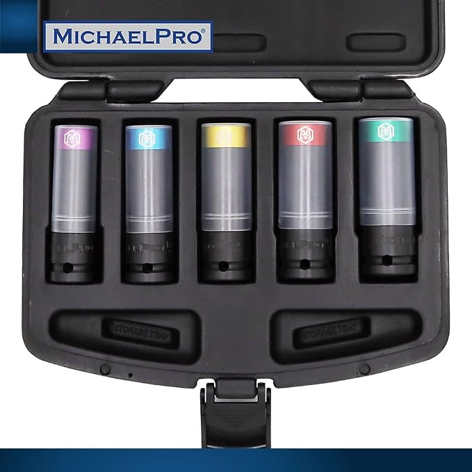 MichaelPro 5-Piece Power Impact Lug Nut Socket, Damage-Free 1/2-Inch Extra Tough Professional Thin Wall Wheel Protector Impact Sockets – 15, 17, 19, 21, 22mm| MP005030 (5-Piece)