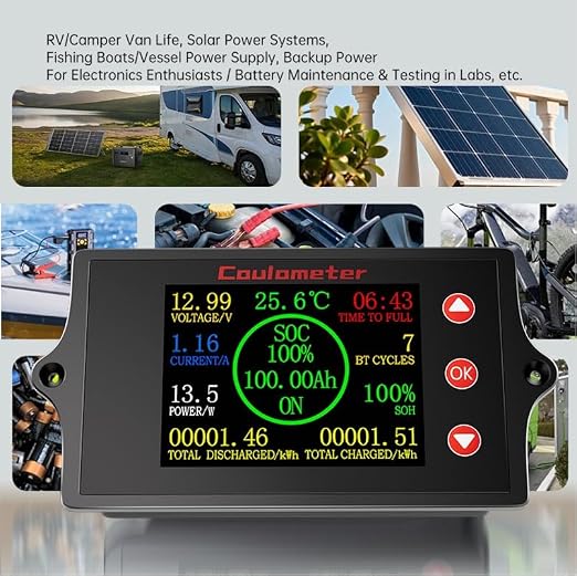 RQG Coulometer, New 400A Battery Monitor with Shunt,8-100V 2 Inch Color Screen Shunt Monitor,Color Screen Digital Voltmeter Ammeter for RV, Electric Bike, Solar Systems and Battery Monitoring