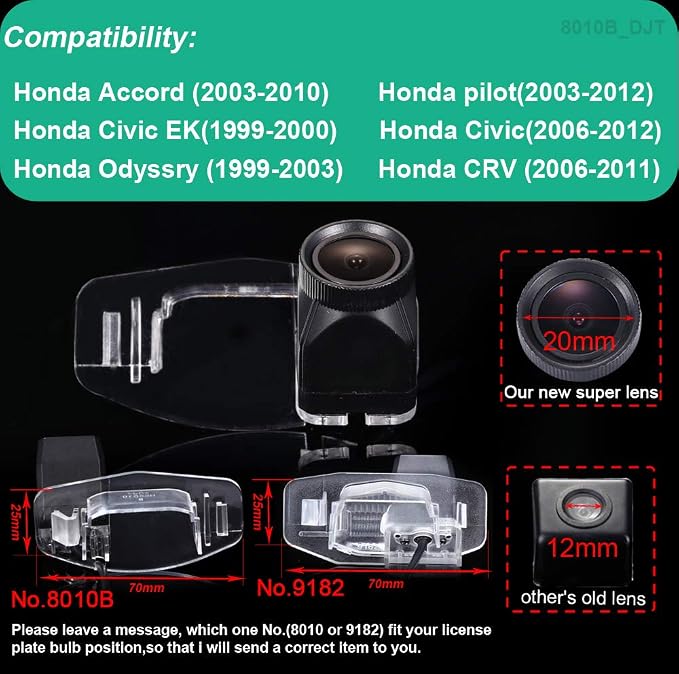 HD IP68 1280Pixels 20MM Lens Auto Vehicle Car Van 170° Wide Angle License Plate Light Rear View Reversing Backup Camera Parking Aids System Compatible with Honda Accord/Pilot/Civic EK/Odyssry/CRV