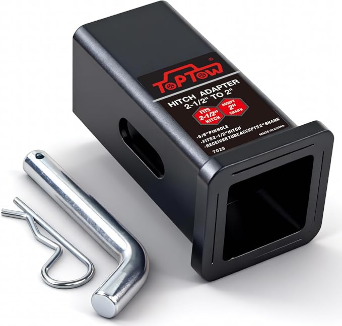 TOPTOW 64028S Trailer Hitch Adapter 2-1/2" to 2" Hitch Reducer Sleeve Carbon Steel, Upgraded, 5/8 inch Pin & Clip Included
