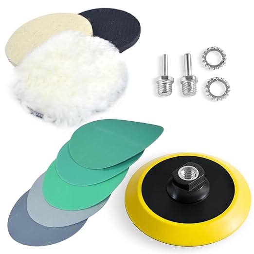 LINE10 Tools Glass Epoxy Resin Plastics Sanding Polishing Kit for Drill or Orbital Sander Polisher or Angle Grinder with Hook and Loop Backing Plate Wool Felt Buffing Pads Green Film Wet Dry Sandpaper