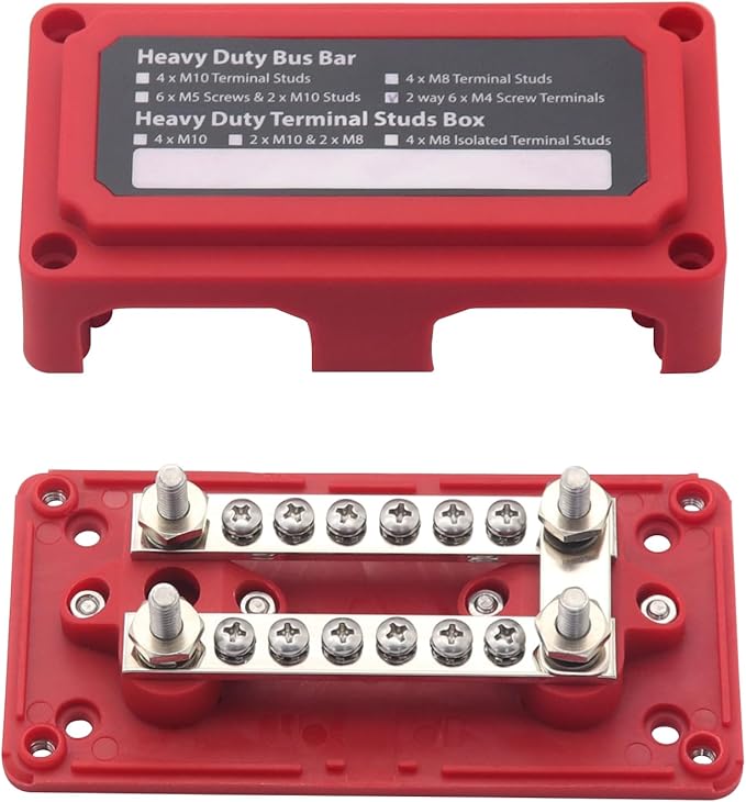 Bus Bar 12V-48V DC 100A Power Distribution Blocks Heavy Duty Module 4X 1/4" Posts+ 12x 5/32" Screws Terminals Double Rows Busbars, 100 Amp Battery Buss Bar with Cover, Red&Black 2 Pack