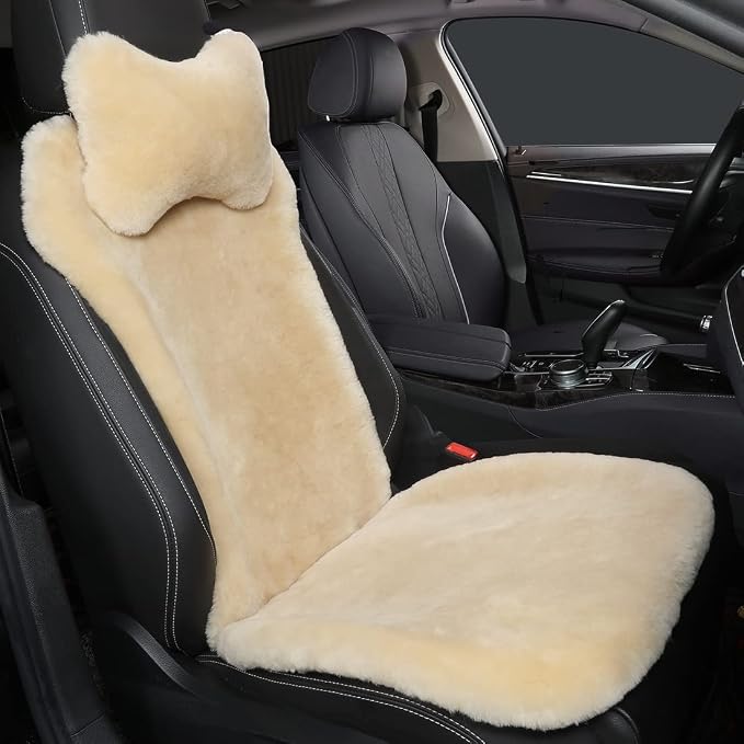 OGLAND Fuzzy Sheepskin Car Seat Covers | Genuine Fur Wool Seat Protectors for Leather Bucket Seat Cushions | Fluffy Warmers for Mercedes, Audi & Luxury Cars | Flush Furry Interior Upgrade, Pearl