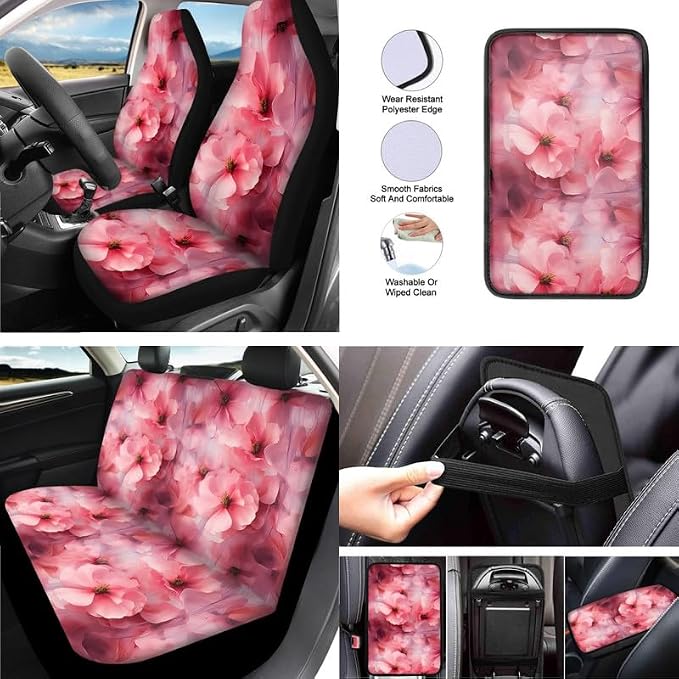 Peach Blossom Pink Flower 13 Pieces Seat Covers Accessories Floral Hand Drawing Steering Wheel Cover Seat Cover Full Set Seat Belt Shoulder Pad Car Cover for Truck SUV