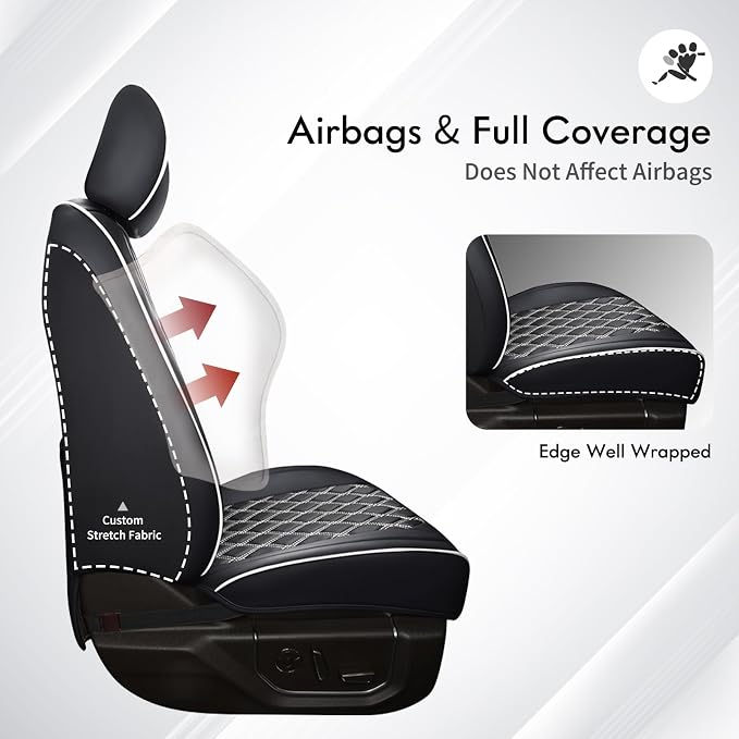 Huidasource Car Seat Covers Fit for Truck Chevy Chevrolet Silverado Sierra 1500 2007-2025, 2500HD 3500HD 2015-2025 Crew Double Extended Cab, Leather Seat Accessories (Front Pair/Black&White)