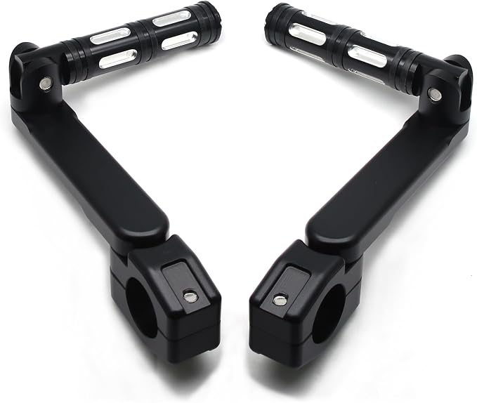 MZS Motorcycle Highway Pegs, 1.25" CNC Highway Foot Pegs Adjustable Long Angled Mount Clamps Compatible with Road King Sportster Softail Street Electra Glide Dyna Rebel Shadow for 1 1/4 Crash Bar