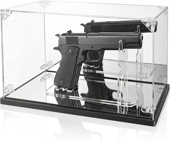 Premium Acrylic Pistol Display Case with Dual Mirrors - UV Protection & Dustproof Handgun Showcase with Adjustable Stand & Sleek Black Base, Universal Fit for Most Pistol Models (11.6x4.5x7 Inch)