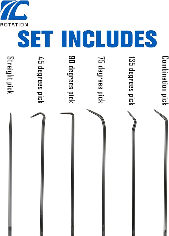 ROTATION Extra Long Precision Hook and Pick Set, 6-Piece Set, Chrome Vanadium Steel Shaft, for Remove Hoses and Gaskets, Auto and Electronics Maintenance Tools