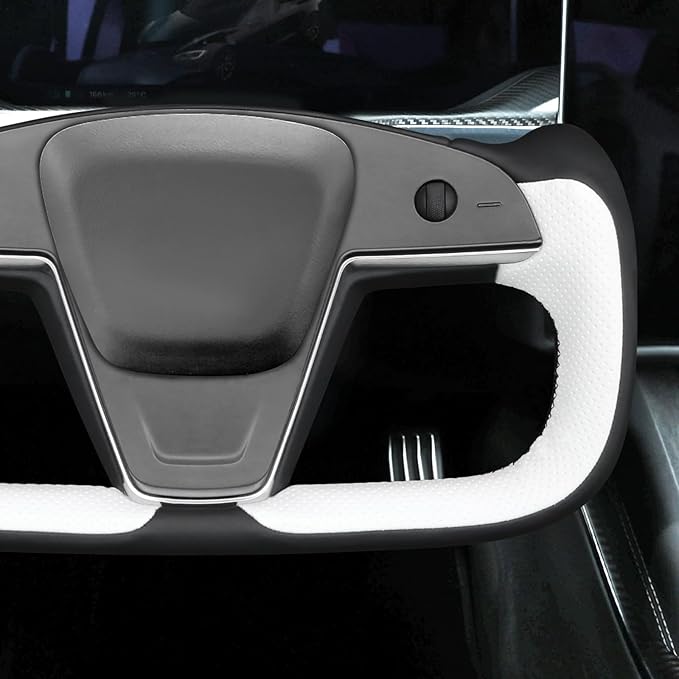 MEWANT Black White Leather Steering Wheel Cover for Tesla Model S Yoke 2021-2023 Model X Yoke Hand Stitch Steering Wrap