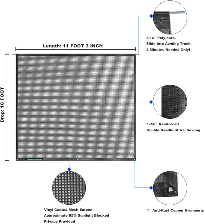 Leaveshade RV Awning Sun Shade Screen 10' X 11' 3'' (Fit for 12' Awning) Mesh Sunshade Block UV Glare Motorhome Camper Trailer Awning Shadescreen Sunblocker Sunscreen - 3 Year Warranty (Black)