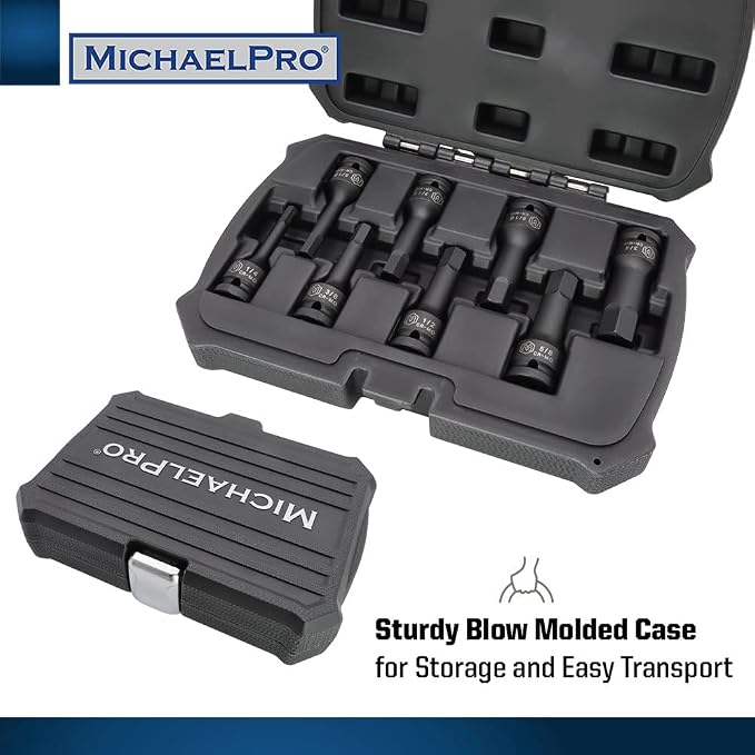 MichaelPro MP005028 8Pc 1/2” Drive Hex Bit Socket Set, 1/4" to 3/4”, Impact SAE Socket, CR-Mo | Sturdy Storage Case Included