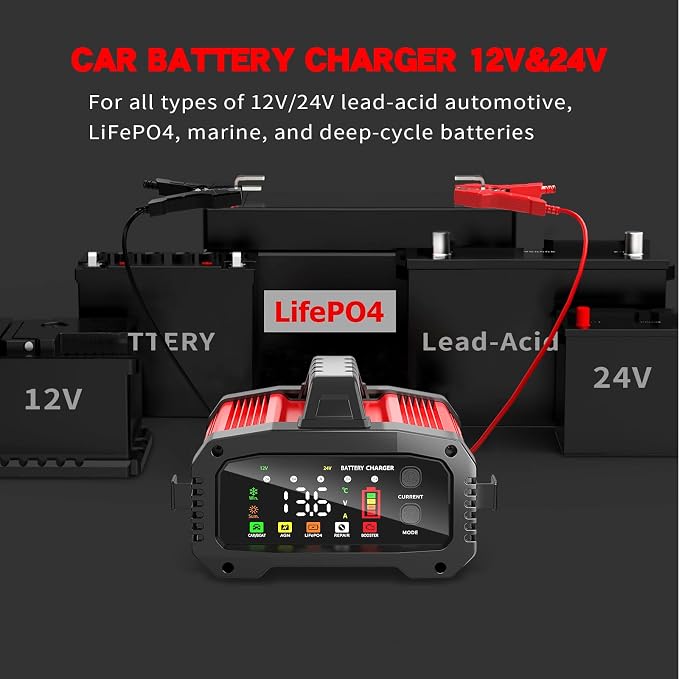 Car Battery Charger 25A, 12V/24V LiFePO4 Battery Charger Automotive, Adjustable Amp Trickle Charger with Auto Detection, Boost Mode, Battery Repair, for Car Truck Motorcycle AGM Gel SLA Deep Cycle