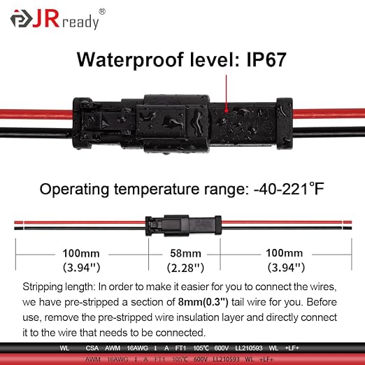 JRready 2 Pin Deutsch Connector Kit with 24pcs Butt, Butt Splice Connectors Crimping Tool ACT-AD10