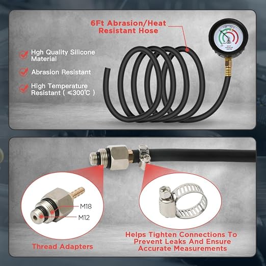 Exhaust Back Pressure Tester Kit with Carrying Case,Professional Automotive Exhaust Back Pressure Gauge Kit with 6-Foot Hose,2.5" HD Gauge,M12 & M18 Adapter