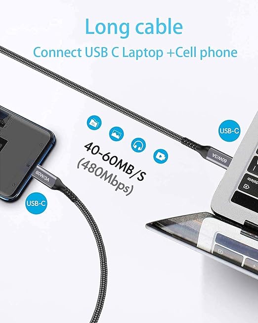 USB-C to USB-C Cable (15FT 2PACK 60W) Long Cable,Fast Charging Cord for iPhone 15 Pro,Samsung Galaxy S23/S22/Z Fold 3,Note 20 Ultra/10 Lite,Google Pixel 6 Pro,OnePlus 9 Pro,Sony Xperia 5,Dual Type-C