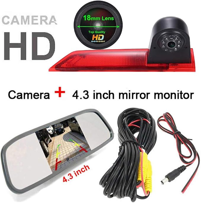 1280 * 720 Pixel Third Roof Brake Lamp Car Backup Camera Replacement for Ford Transit Custom 2012-2016 Dritte 3 Reverse Parking Camera Waterproof Night Vision+4.3" Reverse Mirror