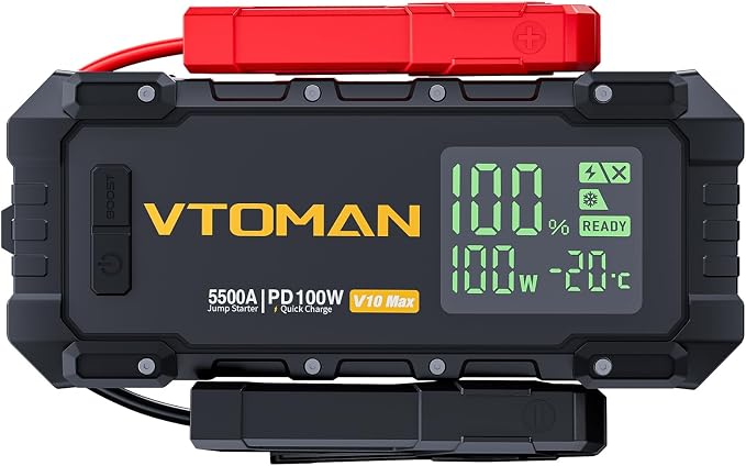 VTOMAN Jump Starter with 100W Bi-Directional Fast Charge, V10 Max Car Battery Jumper Starter Portable (All Gas & 12L Diesel), 12V Auto Jump Box Booster Pack with 3.2" Display for Pickup Trucks & Suvs
