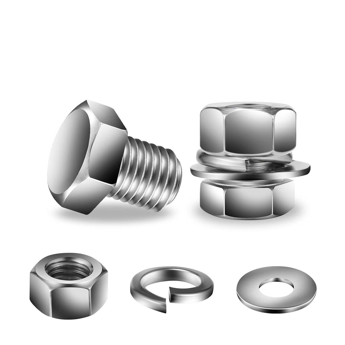 3/8-16 x 1/2" Hex Head Screw Bolt, Nuts, Flat & Lock Washers, 10Pcs 18-8 (304) Stainless Steel, Fully Threaded, by SG TZH