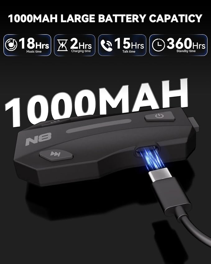 N8 8 Riders Mesh Motorcycle Helmet Communication System, Motorcycle Bluetooth Headset V5.4 with Audio Multitasking/Music Sharing, 45mm Helmet Speakers Intercom for ATV/Snowmobile/Ski, 1 Pack