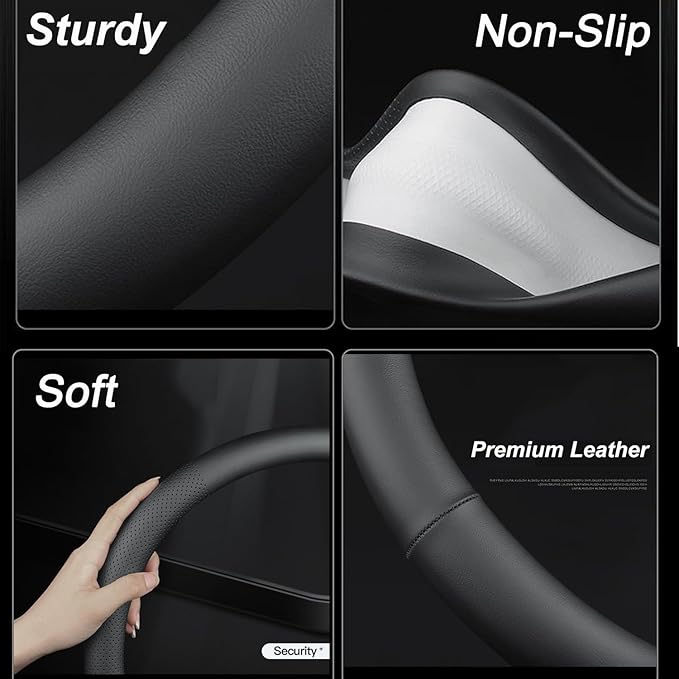XHRING Car Steering Wheel Cover for Ford Fusion Mustang Bronco/Bronco Sport Ranger Maverick Edge Explorer Escape Focus Ecosport Transit Connect Fiesta Taurus Flex Accessories, Black Leather 14 1/2-15"