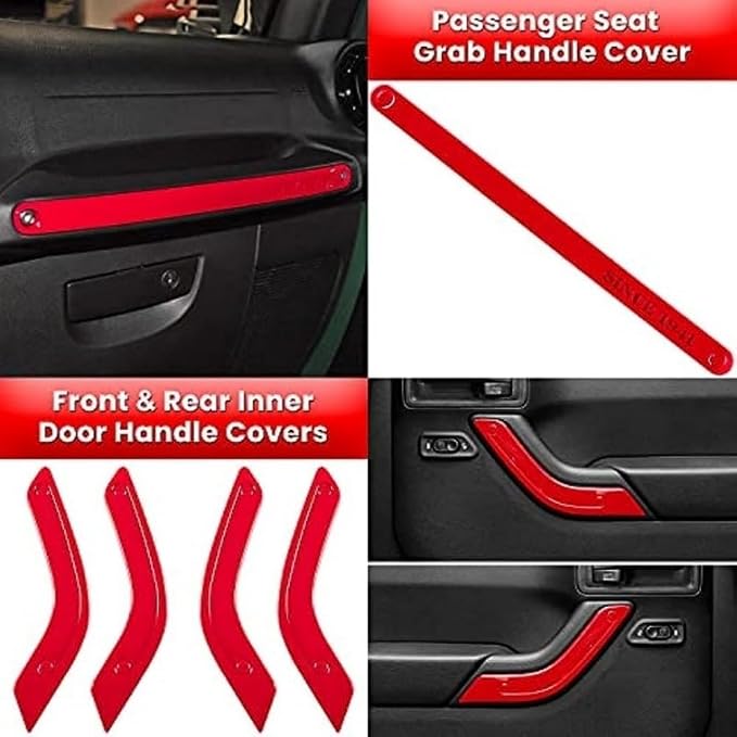 18 PCS Full Set Interior Decoration Trim Kit Steering Wheel Center Console Door Handle Air Conditioning Vent Cup Holder Gear Cover Trim for Jeep for Wrangler JK JKU 2011-2018 4-Door (Red)