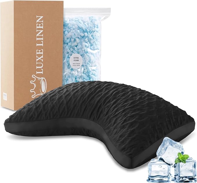 Cooling Side Sleeper Pillow for Neck and Shoulder Pain, Luxury Shredded Memory Foam Curved Bed Pillows for Sleeping Adjustable Queen Size - Washable Cover Crescent Black