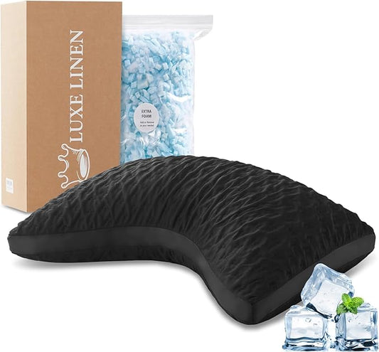 Cooling Side Sleeper Pillow for Neck and Shoulder Pain, Luxury Shredded Memory Foam Curved Bed Pillows for Sleeping Adjustable Queen Size - Washable Cover Crescent Black