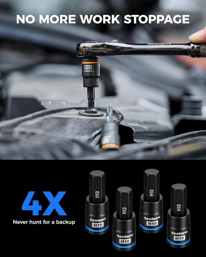 toolant Hex H10 Impact Bit Socket Set 4pcs, 3/8" S2 Steel Air Drive Star Sockets, Long High Impact Bits, Professional Mechanic & Automotive Repair Socket Set