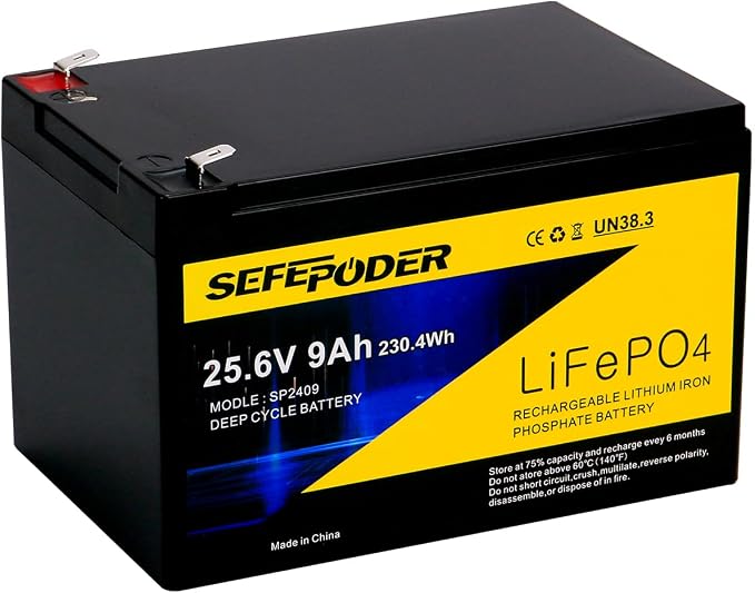 SEFEPODER 24V 9Ah Lithium LiFePO4 Deep Cycle Battery, 3000+ Cycles Rechargeable Battery for Lighting, Scooter, 24 Volt Ride On Toy, UPS(600W or Less), 24V Power Wheels and More with Built-in 30A BMS