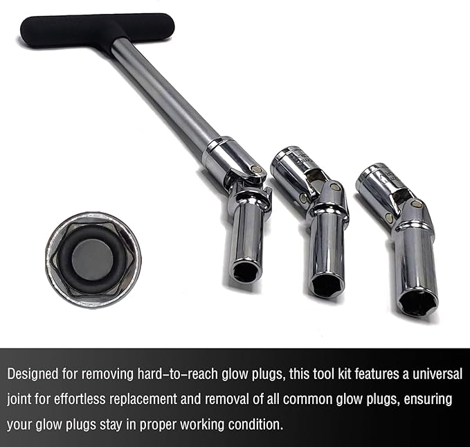 4PCS Glow Plug Socket Set with 3/8" Dr T-Bar, Universal Joints(8mm, 10mm, 12mm), Broken Glow Plug Removal Tool, Glow Plug Wrench Extractor Kit