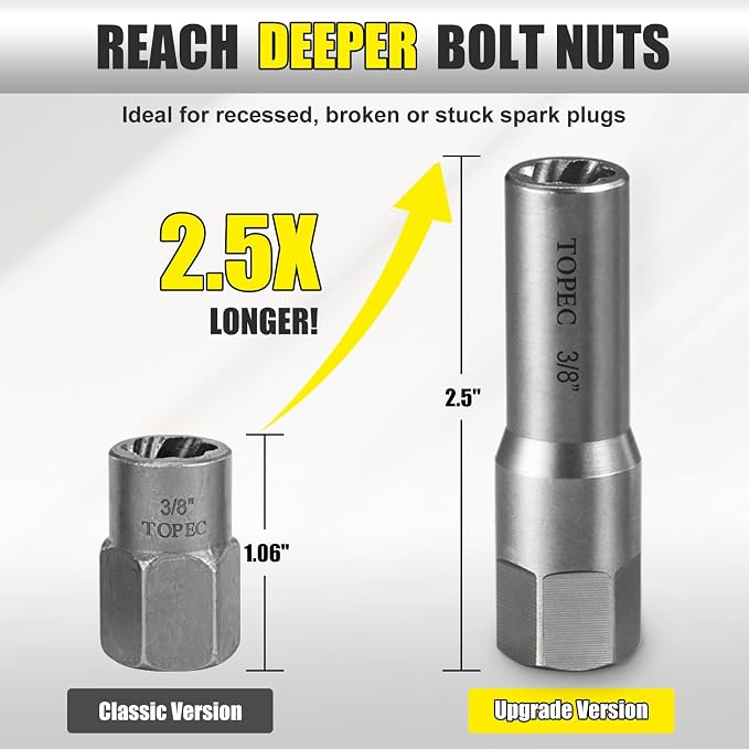 Topec 10-Piece Spiral Type Deep Bolt Extractor Set, Spark Plug Extraction Socket Set, Stripped Lug Nut Remover for Removing Broken, Damaged, Frozen, Rusted, or Rounded-Off Bolts, Nuts, Screws, Studs
