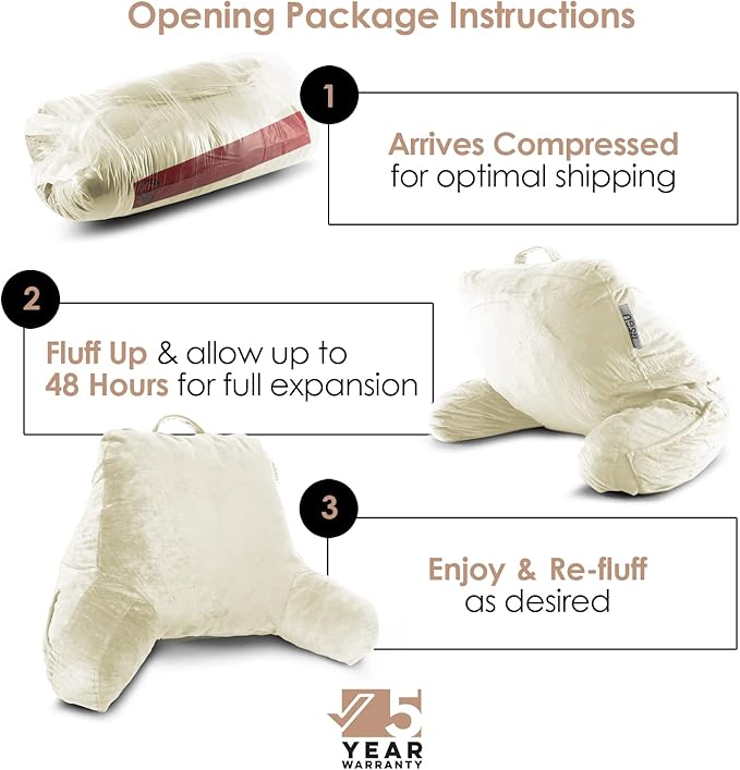 Nestl Reading Pillow with Shredded Memory Foam, Designed for Sitting Up in Bed and Couch, Back and Arms Adjustable Support for Adult & Teens Backrest Pillows for Reading, with Washable Cover Off White