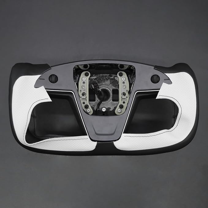 MEWANT Black White Leather Steering Wheel Cover for Tesla Model S Yoke 2021-2023 Model X Yoke Hand Stitch Steering Wrap