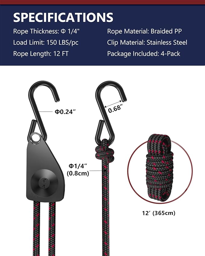 VIPARSPECTRA Ratchet Tie Down Straps, 1/4" Adjustable Rope Hangers [4 Pack, 12FT, 150 lbs/Pack], Heavy Duty Kayak Pulley System with Hooks for Garage Cargo Trucks Tents Grow Lights Various Lashing