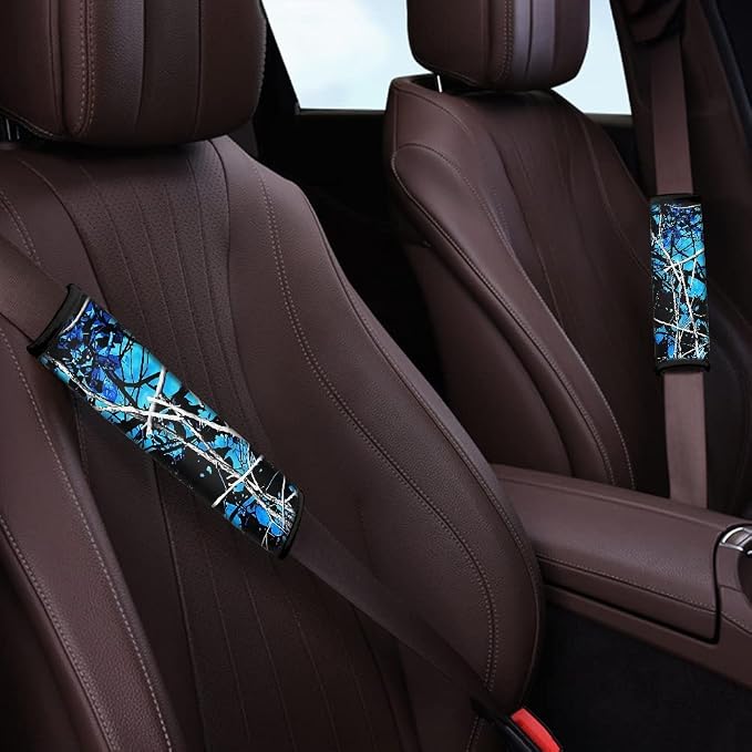 Xoenoiee Universal Car Seat Covers Full Set 11-pcs Blue Forest Camo Car Interior Accessories for Women Men, Car Coasters, Keychain, Steering Wheel Cover, Seat Belt Pad