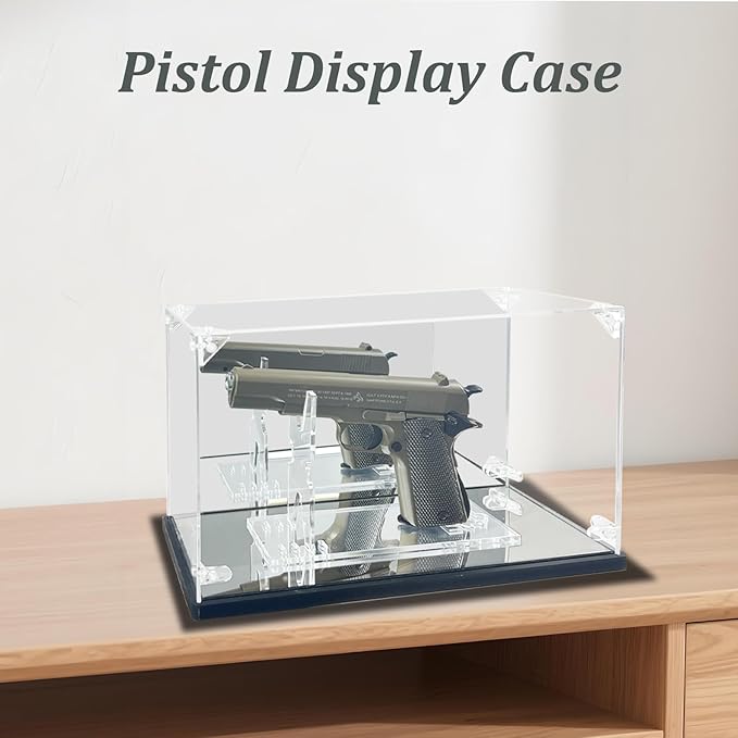 Pistol Display Case, Clear Acrylic Gun Display Case with Pistol Display Stand,Single Handgun Revolver Case with Double Mirror & Black Wood Plastic Base, Dust-Proof&UV Protection for Gun