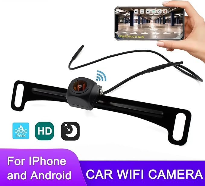 Wireless Backup Camera 1080P, 2.4GHz WiFi No Monitor Needed, License Plate Reverse Camera, 170° Wide Angle Night Vision IP68 Waterproof, Front Rear View for iPhone Android, Car SUV Van Pickup