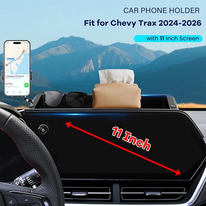 Car Phone Holder Compatible with Chevy Trax 2024-2026 Accessories 11-Inch Screen Fixed Clip, Cell Phone Mount with Dash Organizer Storage Box Hands-Free 360° Rotation